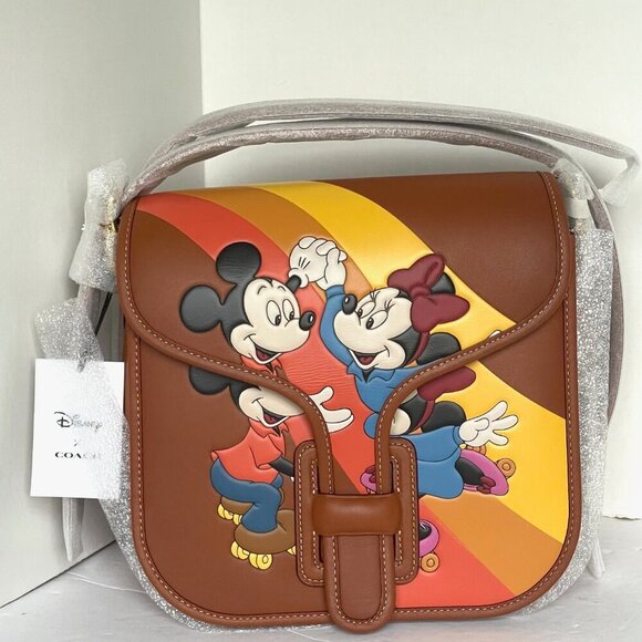 Disney Coach Courier Bag Mickey Minnie Mouse Brown Leather CQ801 Roller Skating - Picture 2 of 9